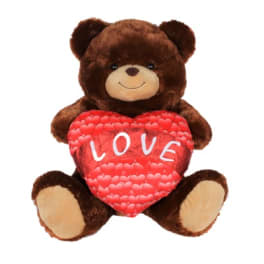 Brown teddy bear holding a red heart with the word LOVE