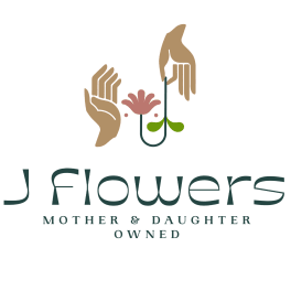 Logo for J Flowers with stylized hands and a flower icon