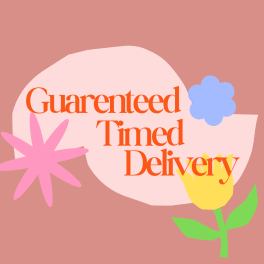 Graphic with the words "Guaranteed Timed Delivery" and simple flower shapes