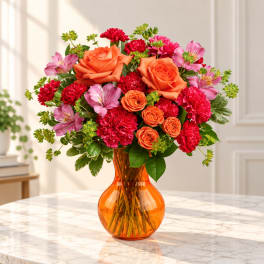 Orange and pink mixed flower bouquet in an amber glass vase