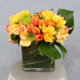 Yellow and orange tulips with roses in a square glass vase