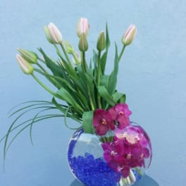 Pink tulips and magenta orchids in a round glass vase
