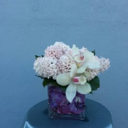 Pink hydrangeas and white orchids in a square glass vase