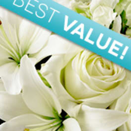 White lilies and roses with a blue "BEST VALUE!" banner