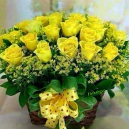 Yellow roses arranged in a basket with a yellow polka-dot bow
