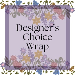 Floral-patterned wrap with the words "Designer’s Choice Wrap"