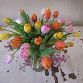 Bouquet of multicolored tulips in a clear glass vase