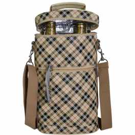 Plaid insulated bottle carrier with shoulder strap and front zipper pocket