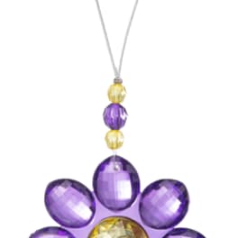 Purple beaded flower ornament with a bee charm on a hanging loop