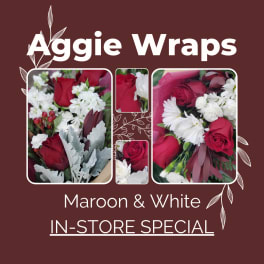 Maroon and white rose bouquets with white filler flowers