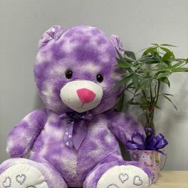 Purple teddy bear beside a small potted plant in a decorated bucket