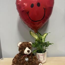 Heart-shaped smiley balloon with a teddy bear and potted plant