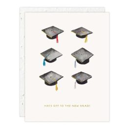 Graduation card with six mortarboards and the text 'Hats off to the new grad!'