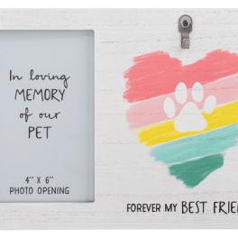 Pet memorial frame with a rainbow heart and photo opening