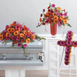 Gerber Daisy Casket Spray, Arrangement and Cross