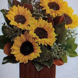 Sunflower arrangement in a rectangular wooden container