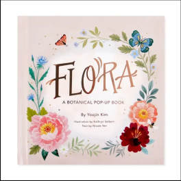Botanical pop-up book cover with illustrated flowers and butterflies