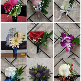 Collage of small floral boutonnieres and corsages in assorted colors