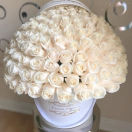 Large round hatbox filled with tightly packed ivory roses on a reflective stand