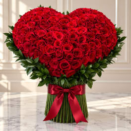 Heart-shaped bouquet of red roses with a red ribbon
