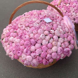 Large basket filled with pink peonies