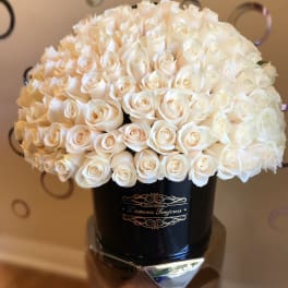 Dome of ivory roses arranged tightly in a black round hat box with gold lettering