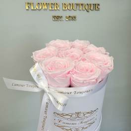Round white hatbox filled with light pink roses and tied with a white printed ribbon.