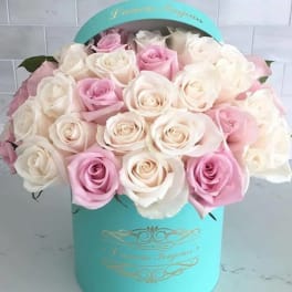 Pink and white roses arranged in a turquoise hat box