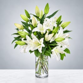 White lilies arranged in a clear glass vase