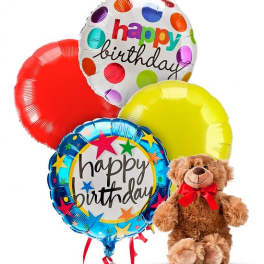 Birthday balloons with a teddy bear and colorful polka dots