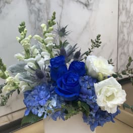 Blue and white floral arrangement in a white square vase