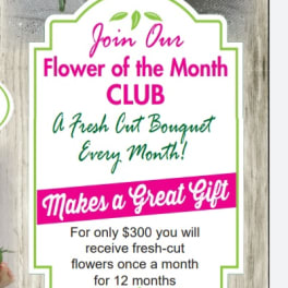 Flower of the Month Club sign with pink and green text