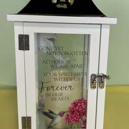 White memorial lantern with a hummingbird and floral print