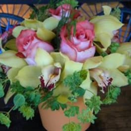 Pink roses and pale yellow orchids in a small pot