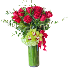 Long Stem Premium Red Rose arrangement with Orchids and Hydrangea