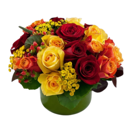 Bouquet of red and yellow roses in a green vase