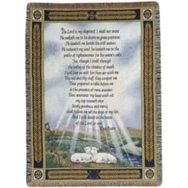 Decorative wall tapestry with Psalm text and sheep in a pastoral scene