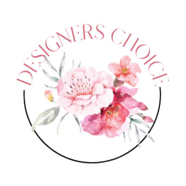 Watercolor floral logo with pink blossoms and circular text