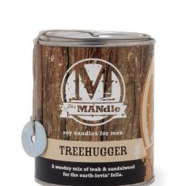 Tin candle labeled Treehugger with a wood-grain design