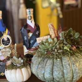 Succulent arrangements in painted pumpkins on a table