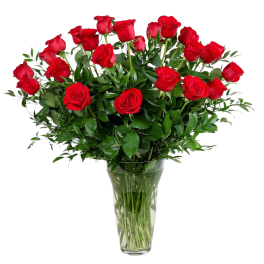 Bouquet of red roses in a clear glass vase