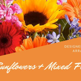 Mixed bouquet with sunflowers, gerbera daisies, and small purple flowers