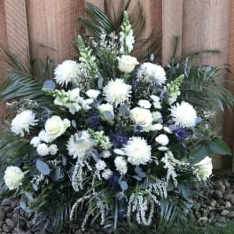 Large white floral spray with roses and chrysanthemums