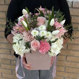 Pink and white mixed bouquet in a blush box with ribbon