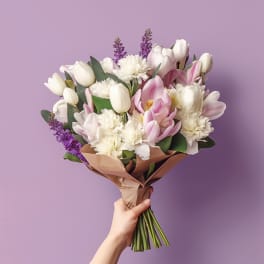 Handheld bouquet of pink and white tulips with white blooms on a lavender background