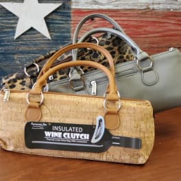 Three insulated wine clutch bags in cork, leopard print, and gray