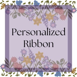 Lavender square graphic with floral border and the words Personalized Ribbon