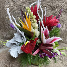 Tropical bouquet with red and pink flowers in a vase