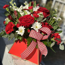 Red roses and white daisies in a red gift box with a gingham ribbon