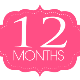 Pink badge with the words 12 months
